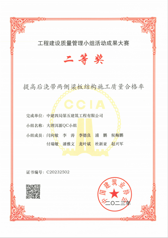 附图：洱源项目”提高后浇带两侧梁板结构施工质量合格率“国家级QC成果二等奖.png